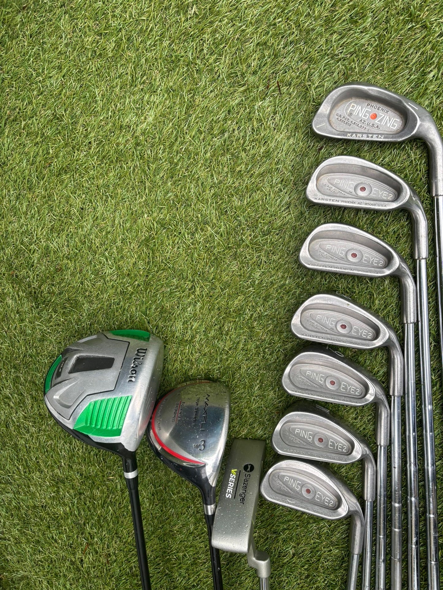 PING Eye2 Red Dot Irons, PING Zing 1 Iron, Wilson Driver, MaxFli 3 Wood & Nike Vapor X Stand Bag