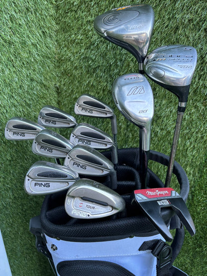 PING S59 4–PW Irons, Tour-W 52° Wedge, Cleveland HiBore Driver, Cobra 5 Wood, Mizuno Hybrid, MacGregor Putter & Stand Bag