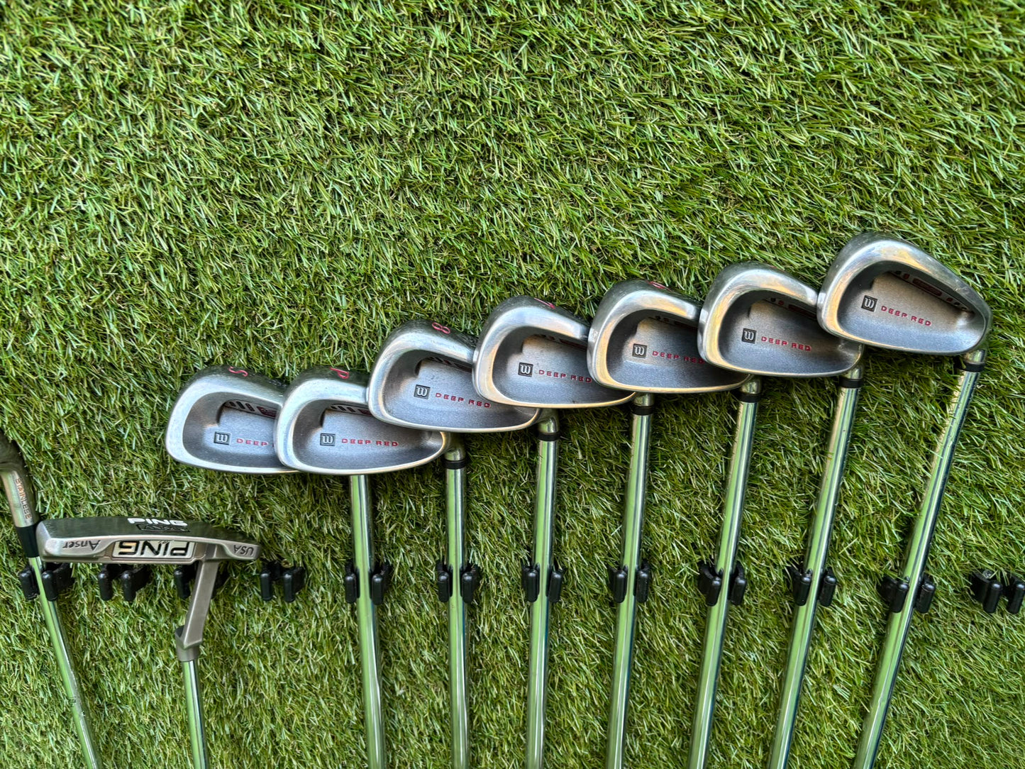Wilson Deep Red Irons, Cobra Driver, TaylorMade Wood, TaylorMade Hybrid, Ping Putter Callaway Cart Bag