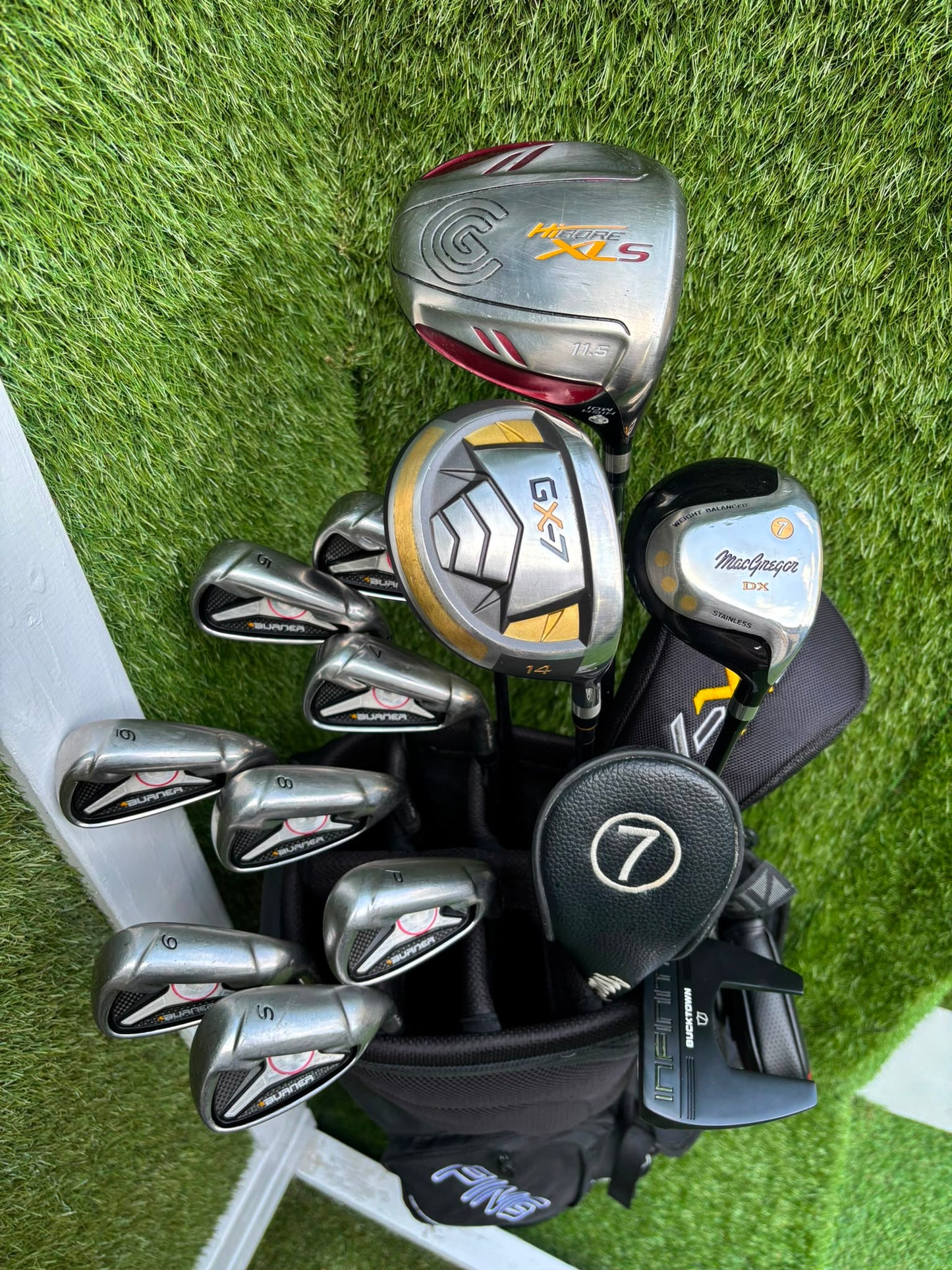 TaylorMade Irons, Cleveland Driver, GX-7 Wood, MacGregor 7 Wood, Wilson Putter & Ping Stand Bag