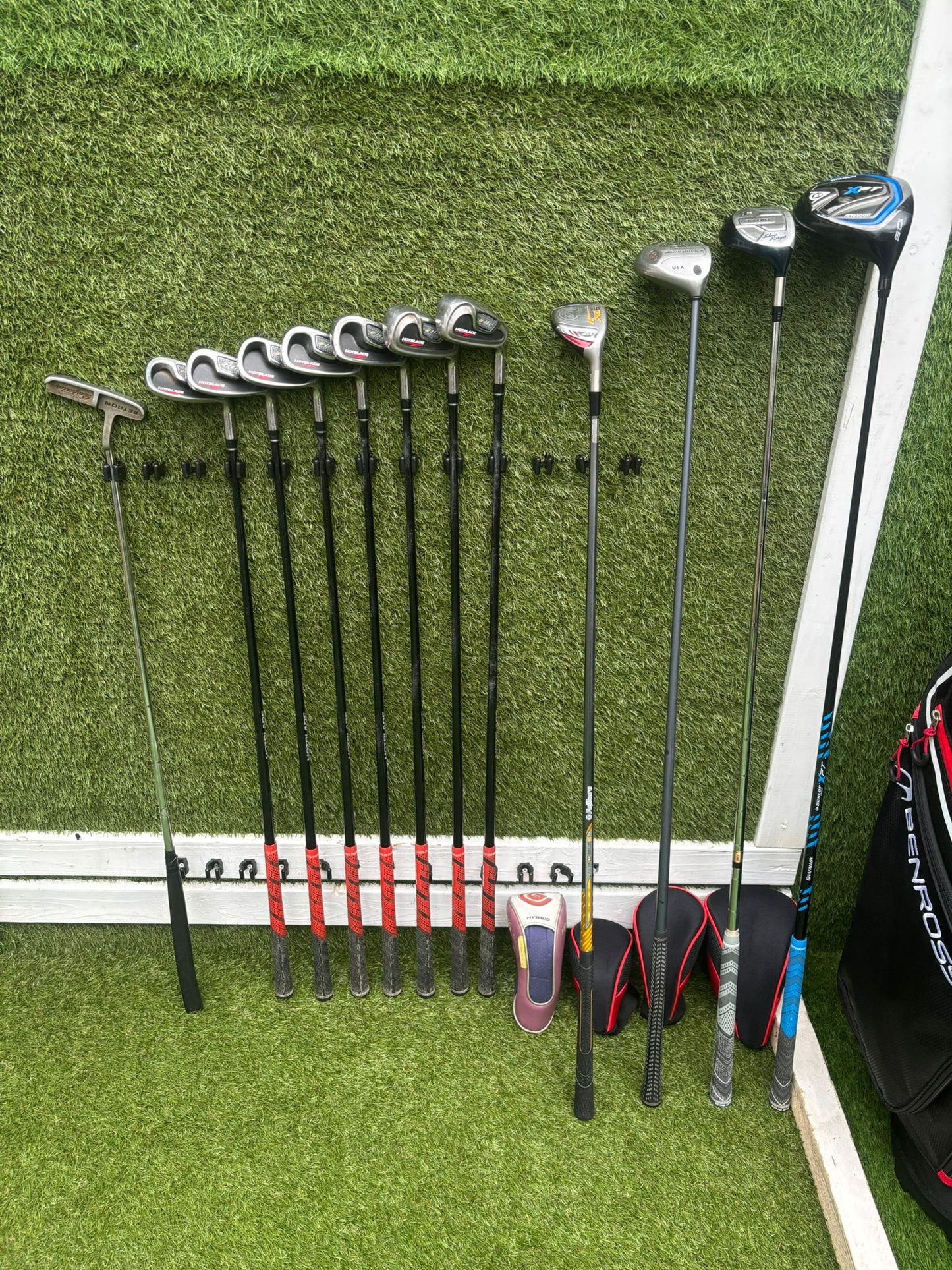 Wilson HotBlade Irons (5–SW) with Dunlop XPT Driver, Callaway & Mizuno Woods, Cleveland Hybrid Benross Cart Bag (12 Clubs)