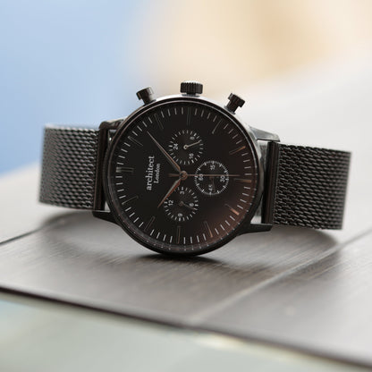 Handwriting Engraving - Men's Architect Motivator Black Face Black Mesh Strap