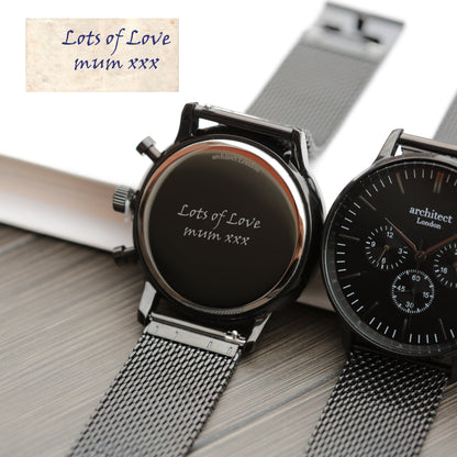 Handwriting Engraving - Men's Architect Motivator Black Face Black Mesh Strap