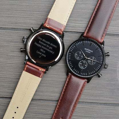 Men's Architect Motivator In Black With Walnut Strap - Modern Font Engraving