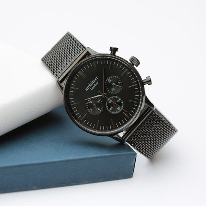 Handwriting Engraving - Men's Architect Motivator Black Face Black Mesh Strap