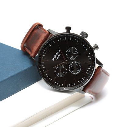 Men's Architect Motivator In Black With Walnut Strap - Modern Font Engraving
