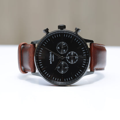 Men's Architect Motivator In Black With Walnut Strap - Modern Font Engraving