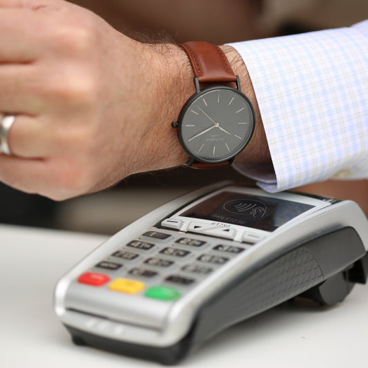 Contactless Payment Watch - Men's Minimalist + Walnut Strap + Modern Font Engraving