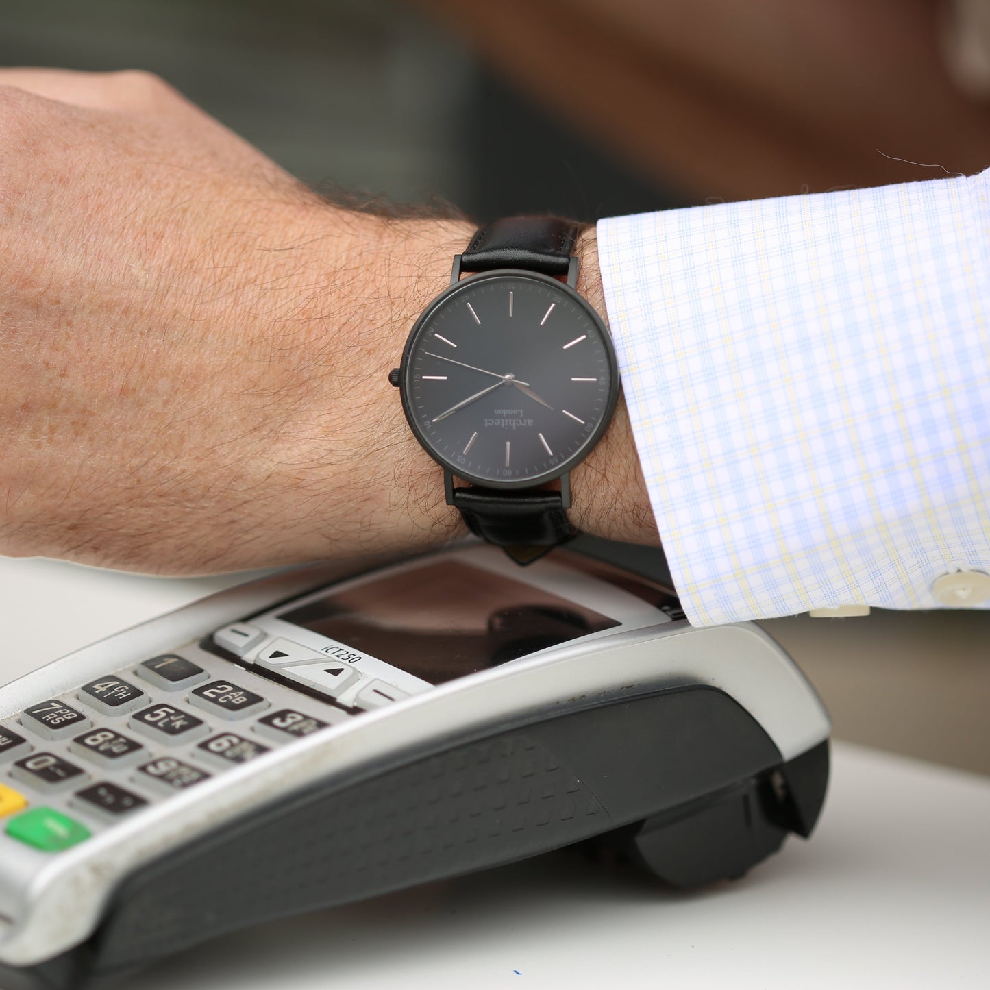 Contactless Payment Watch - Men's Minimalist + Jet Black Strap + Modern Font Engraving