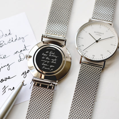 Handwriting Engraving - Men's Architect Zephyr + Steel Silver Mesh Strap