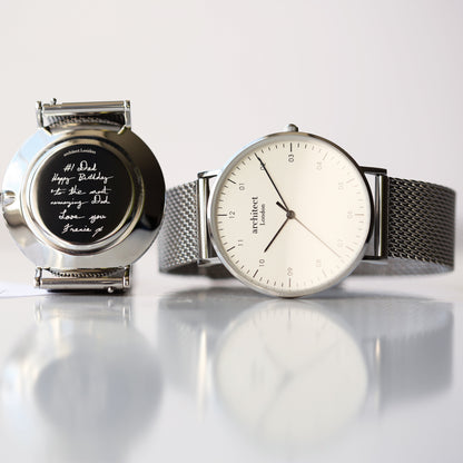 Handwriting Engraving - Men's Architect Zephyr + Steel Silver Mesh Strap