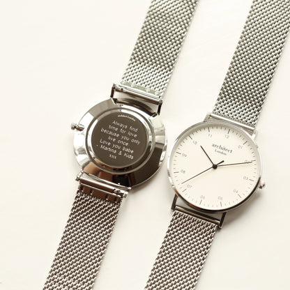 Modern Font Engraving - Men's Architect Zephyr + Steel Silver Mesh Strap