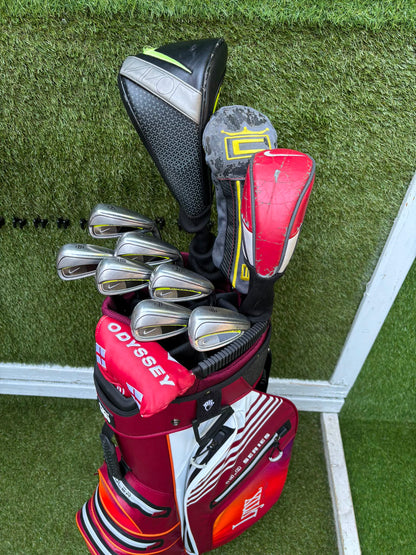 Nike Slingshot 4D Irons, Nike Driver, Cobra 4 Wood, Nike VR_S Hybrid, Odyssey Putter, New Lynx Waterproof Cart Bag