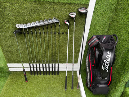 Mizuno Widec II Irons, Titleist 913 Driver, Callaway X Hot Woods, Wilson Infinite Putter & Titleist StaDry Cart Bag