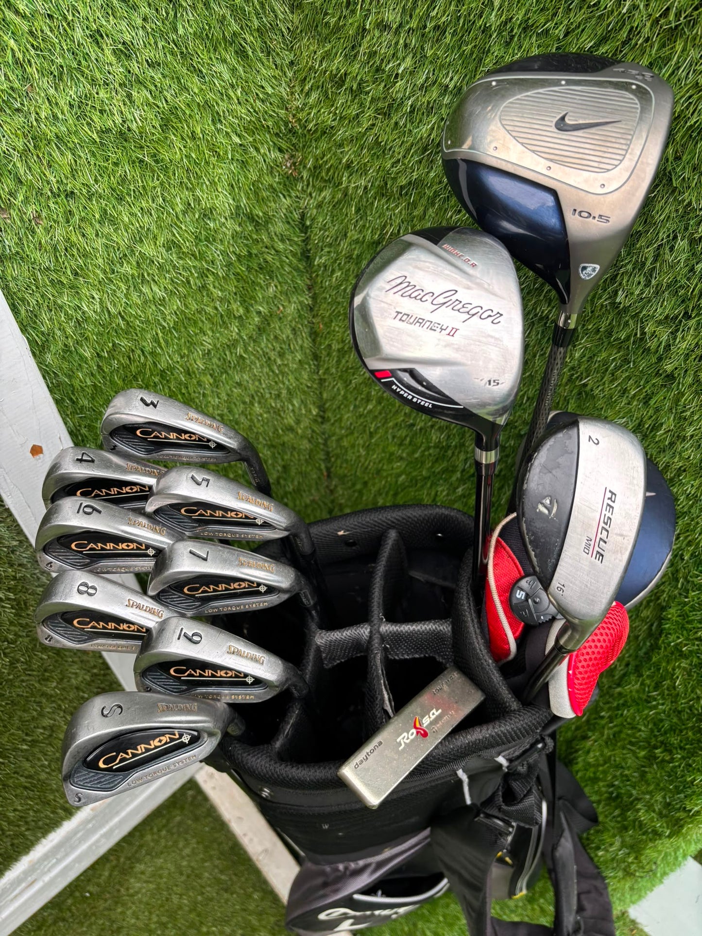 Nike Ignite Dymo² Driver, Spalding Cannon Irons (3–9, SW), TaylorMade Rescue & Rossa Putter | Callaway Stand Bag