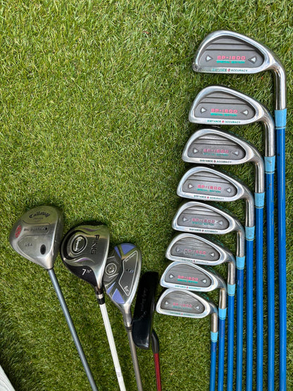 Ladies Yasuda SP-1800 Irons, Callaway Big Bertha Driver, Ping Rhapsody 7 Wood, Ben Sayers Hybrid & Stand Bag