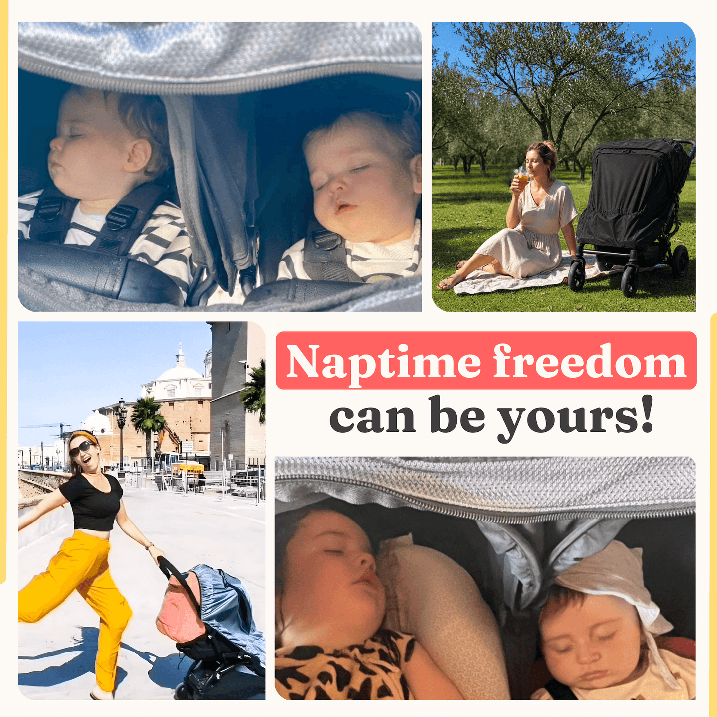 SnoozeShade Twin Extra: sun and sleep shade and insect net for side-by-side double buggies and strollers
