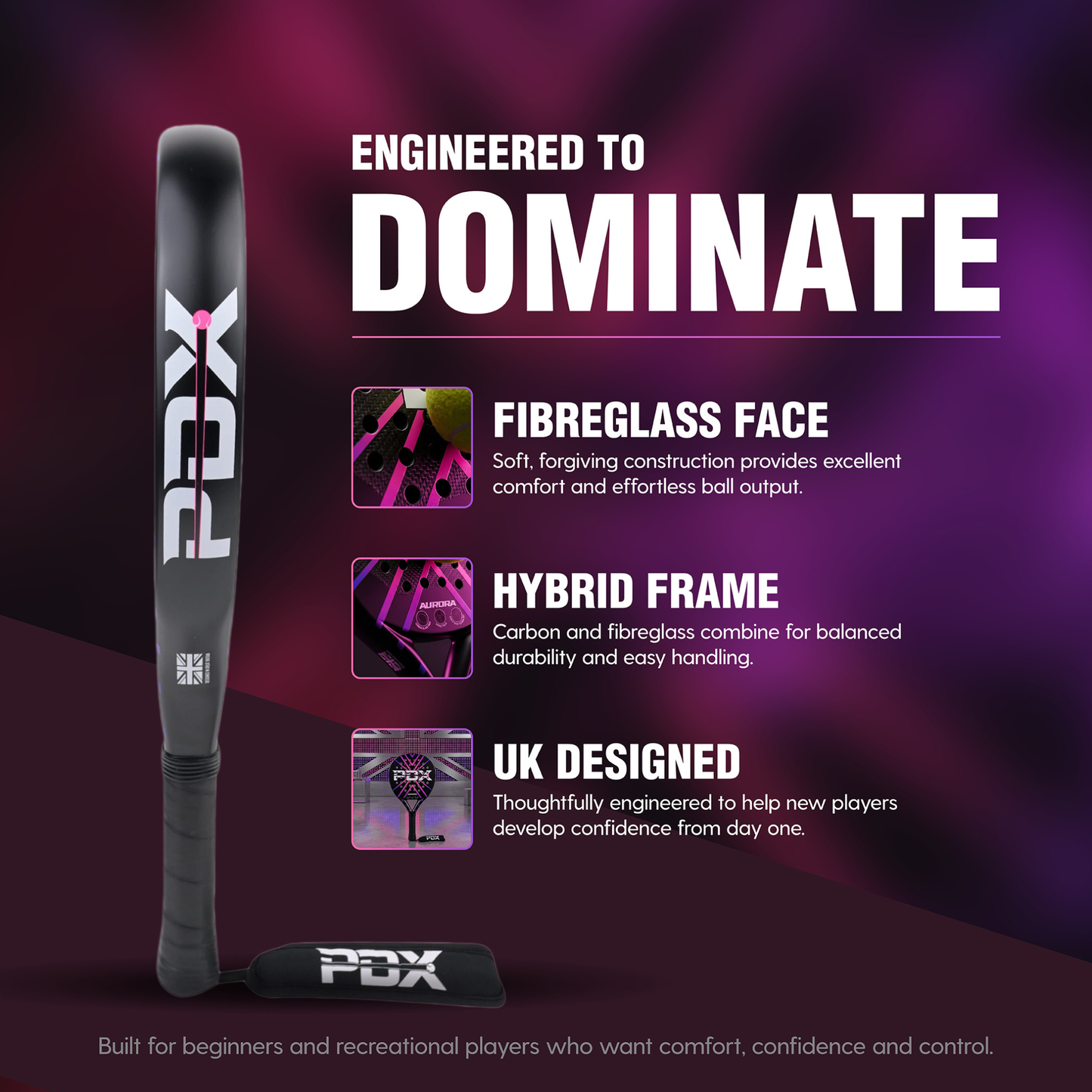 PDX Aurora Beginner Padel Racket Complimentary Racket Carrier Bag 30% Carbon 70% Fibreglass 355g Round | Control
