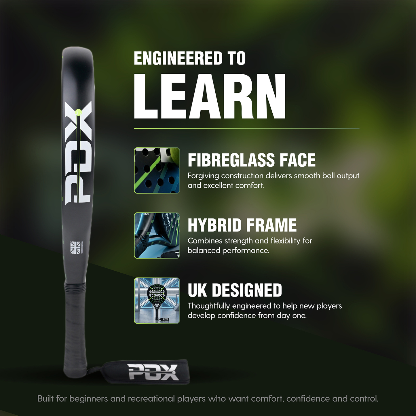 PDX Rayo Beginner Padel Racket | Complimentary Racket Carrier Bag | 30% Carbon 70% Fibreglass | 355g Round | Control
