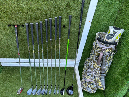 MacGregor V-Foil M565 Irons, Ping Driver, Ping Hybrid, TaylorMade Putter & Premium OUUL Camouflage Stand Bag