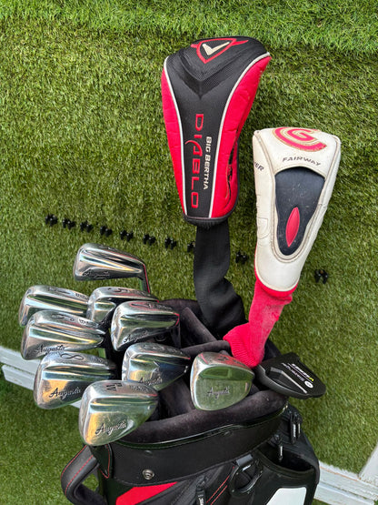Wilson 3–SW Irons, TaylorMade Driver, Cleveland Fairway, Slazenger Putter & Titleist Cart Bag