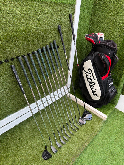 Wilson 3–SW Irons, TaylorMade Driver, Cleveland Fairway, Slazenger Putter & Titleist Cart Bag