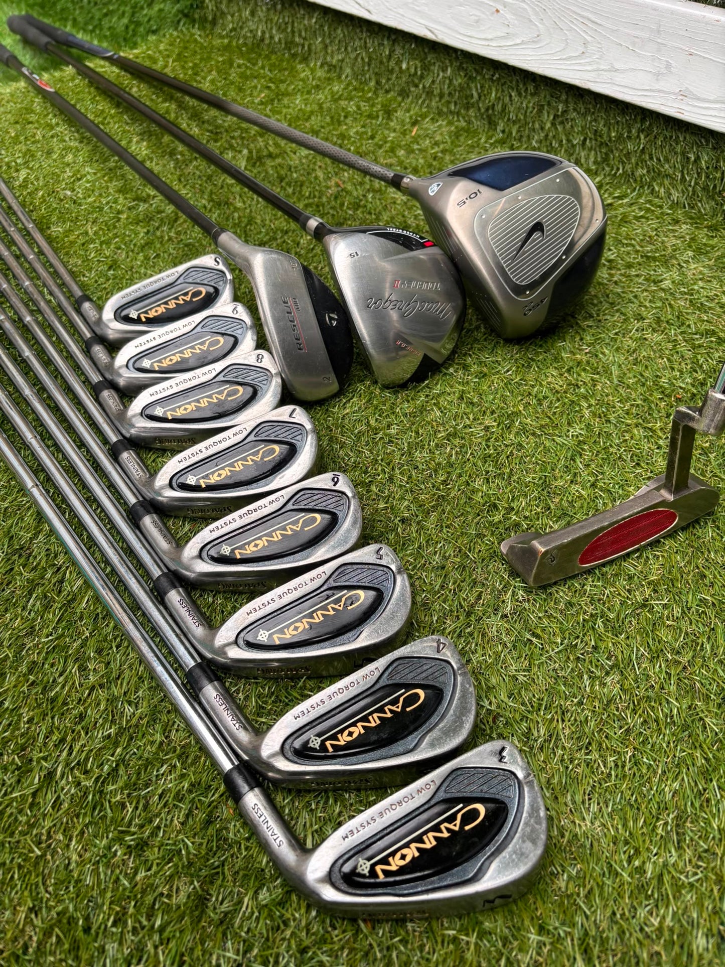Nike Ignite Dymo² Driver, Spalding Cannon Irons (3–9, SW), TaylorMade Rescue & Rossa Putter | Callaway Stand Bag