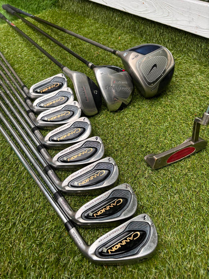 Nike Ignite Dymo² Driver, Spalding Cannon Irons (3–9, SW), TaylorMade Rescue & Rossa Putter | Callaway Stand Bag