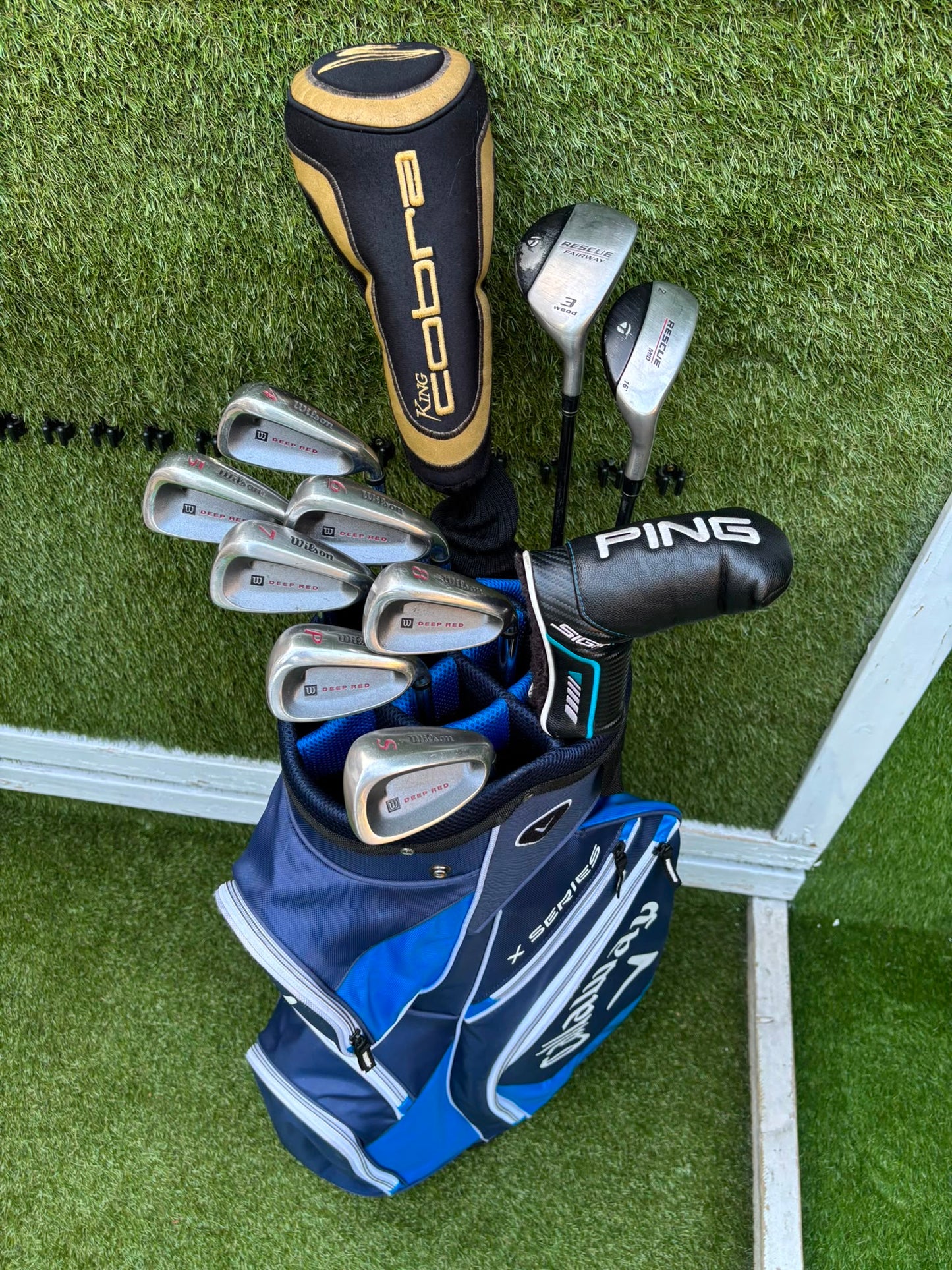 Wilson Deep Red Irons, Cobra Driver, TaylorMade Wood, TaylorMade Hybrid, Ping Putter Callaway Cart Bag
