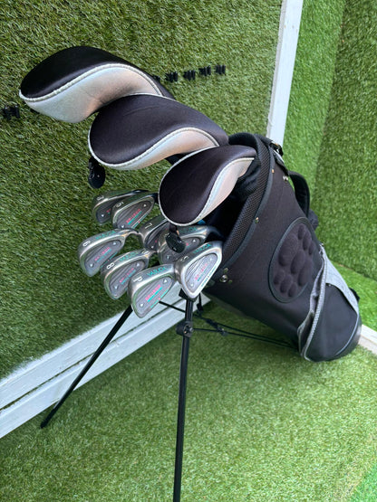 Ladies Yasuda SP-1800 Irons, Callaway Big Bertha Driver, Ping Rhapsody 7 Wood, Ben Sayers Hybrid & Stand Bag