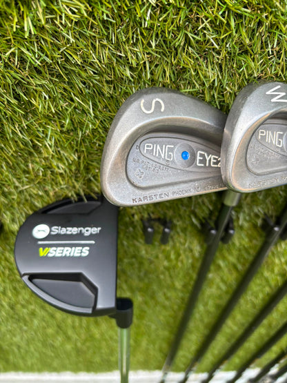Ping Eye2+ Blue Dot Graphite Irons, Brand New Wilson D7 Driver, Ping G5 Woods & Ping Traverse Cart Bag