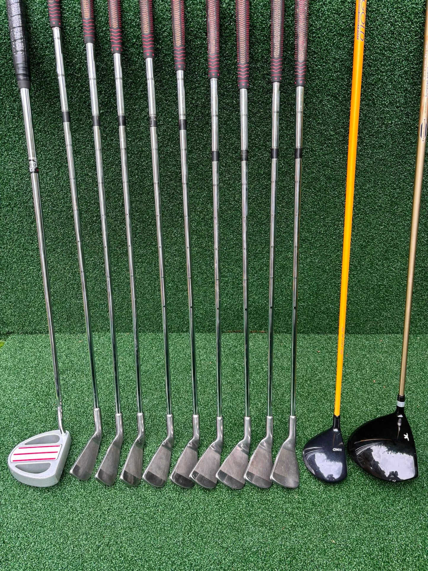 Pinseeker 3–SW Full Golf Set + John Letters Driver, MD Golf 3 Wood & Slazenger Putter