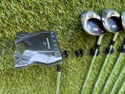 Masters GX1 Irons, Trilogy Ti-Matrix Driver, Dunlop NZ9 Fairway Woods, Wilson Infinite Buckingham Putter & PowaKaddy Cart Bag