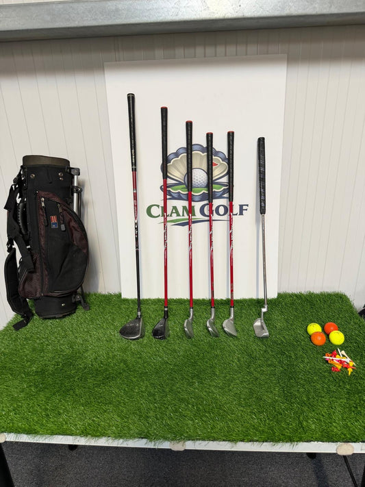 Junior Right Handed Golf Clubs and Bag Set. All in good used condition, 7 iron measures 27 inches so suitable for 5-7 year olds.