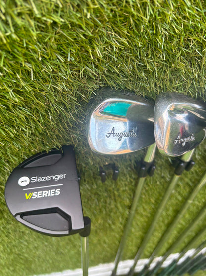 Wilson 3–SW Irons, TaylorMade Driver, Cleveland Fairway, Slazenger Putter & Titleist Cart Bag