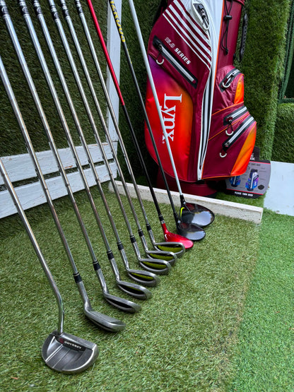 Nike Slingshot 4D Irons, Nike Driver, Cobra 4 Wood, Nike VR_S Hybrid, Odyssey Putter, New Lynx Waterproof Cart Bag