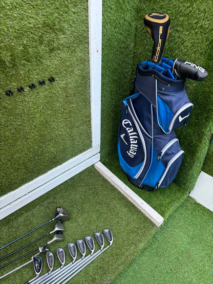 Wilson Deep Red Irons, Cobra Driver, TaylorMade Wood, TaylorMade Hybrid, Ping Putter Callaway Cart Bag