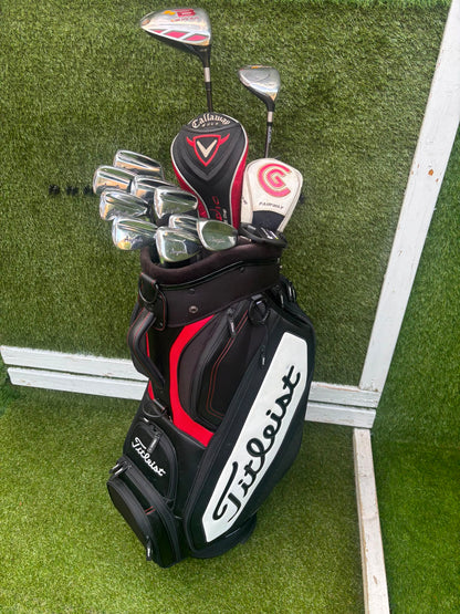Wilson 3–SW Irons, TaylorMade Driver, Cleveland Fairway, Slazenger Putter & Titleist Cart Bag