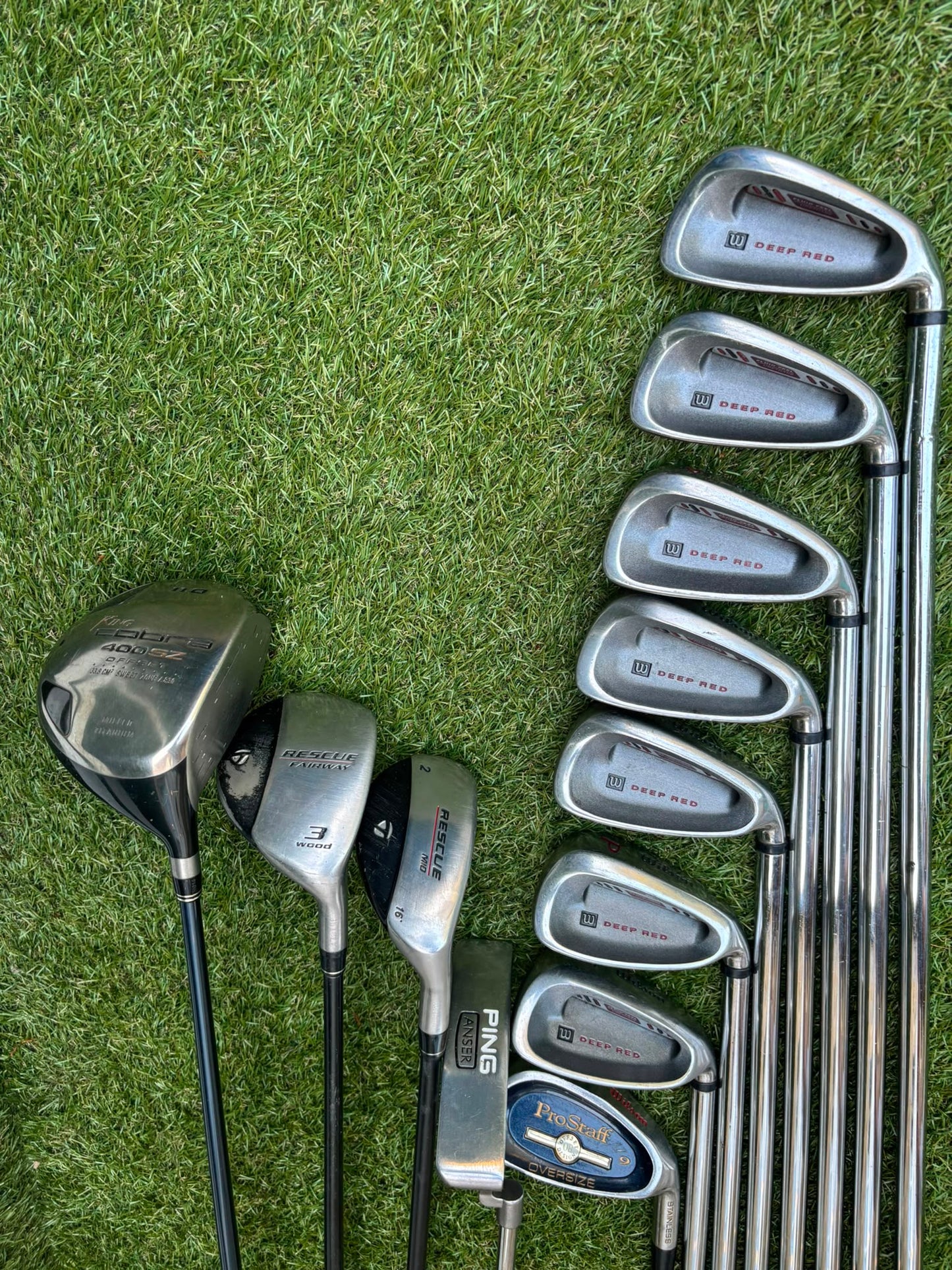 Wilson Deep Red Irons, Cobra Driver, TaylorMade Wood, TaylorMade Hybrid, Ping Putter Callaway Cart Bag