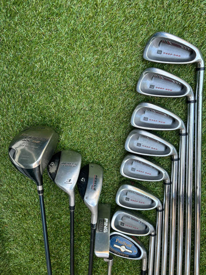 Wilson Deep Red Irons, Cobra Driver, TaylorMade Wood, TaylorMade Hybrid, Ping Putter Callaway Cart Bag