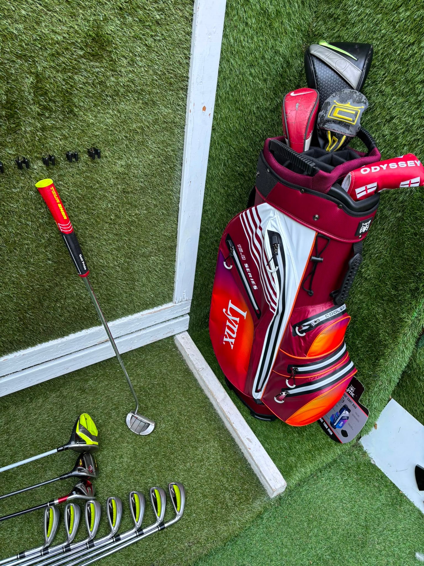 Nike Slingshot 4D Irons, Nike Driver, Cobra 4 Wood, Nike VR_S Hybrid, Odyssey Putter, New Lynx Waterproof Cart Bag