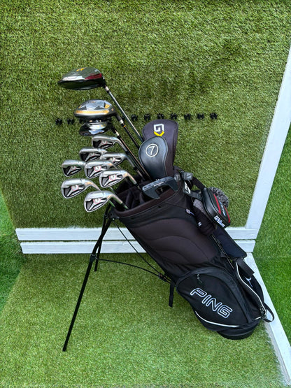 TaylorMade Irons, Cleveland Driver, GX-7 Wood, MacGregor 7 Wood, Wilson Putter & Ping Stand Bag