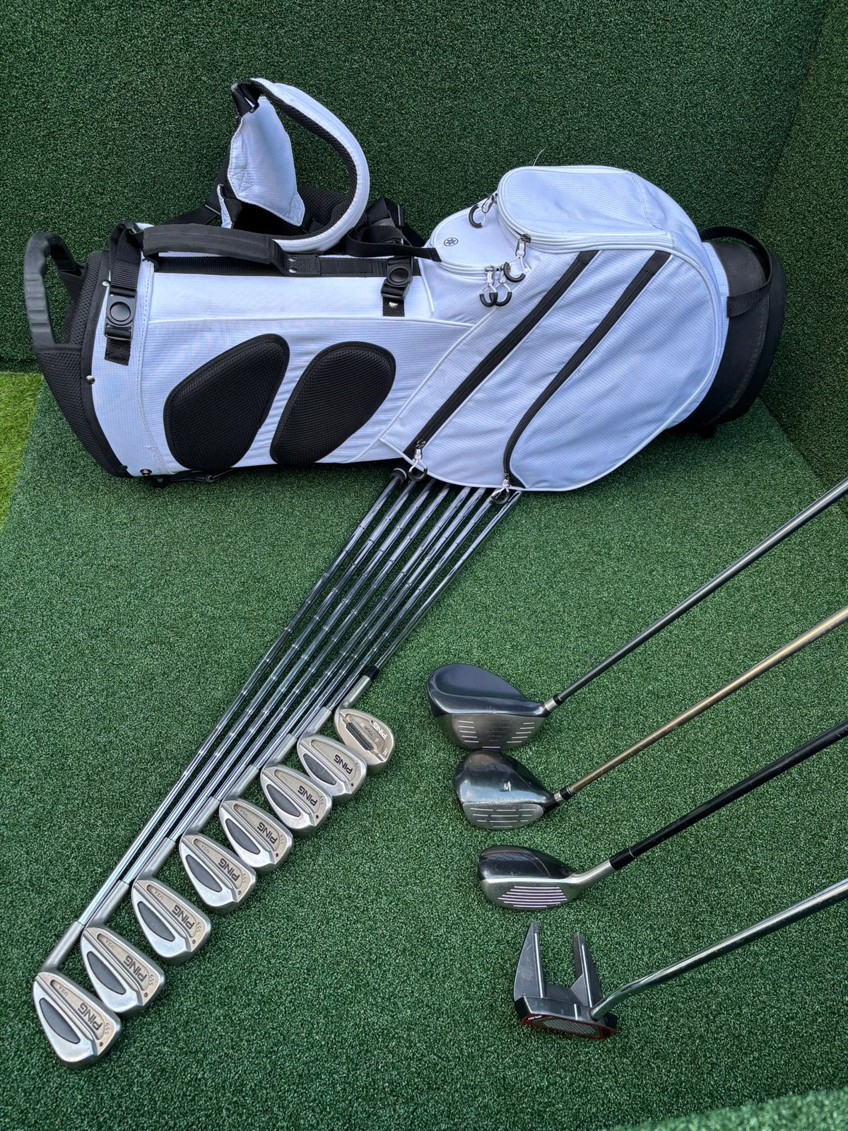 PING S59 4–PW Irons, Tour-W 52° Wedge, Cleveland HiBore Driver, Cobra 5 Wood, Mizuno Hybrid, MacGregor Putter & Stand Bag