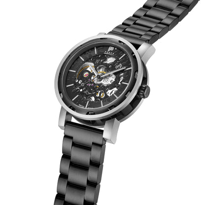 PUNCH Mens Watch, Black & Silver Skeleton Automatic Watch - White Rubber Strap