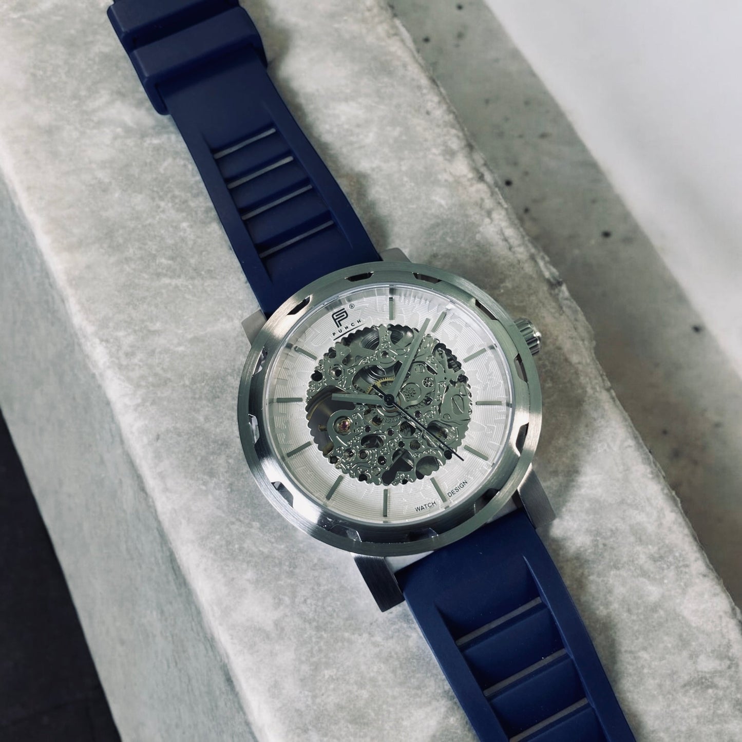 PUNCH Mens Watch, Silver & White Skeleton Automatic Watch - Navy Rubber Strap