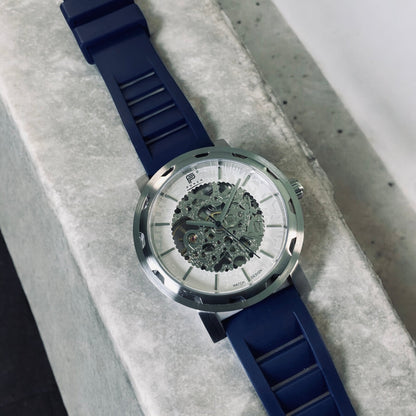 PUNCH Mens Watch, Silver & White Skeleton Automatic Watch - Navy Rubber Strap