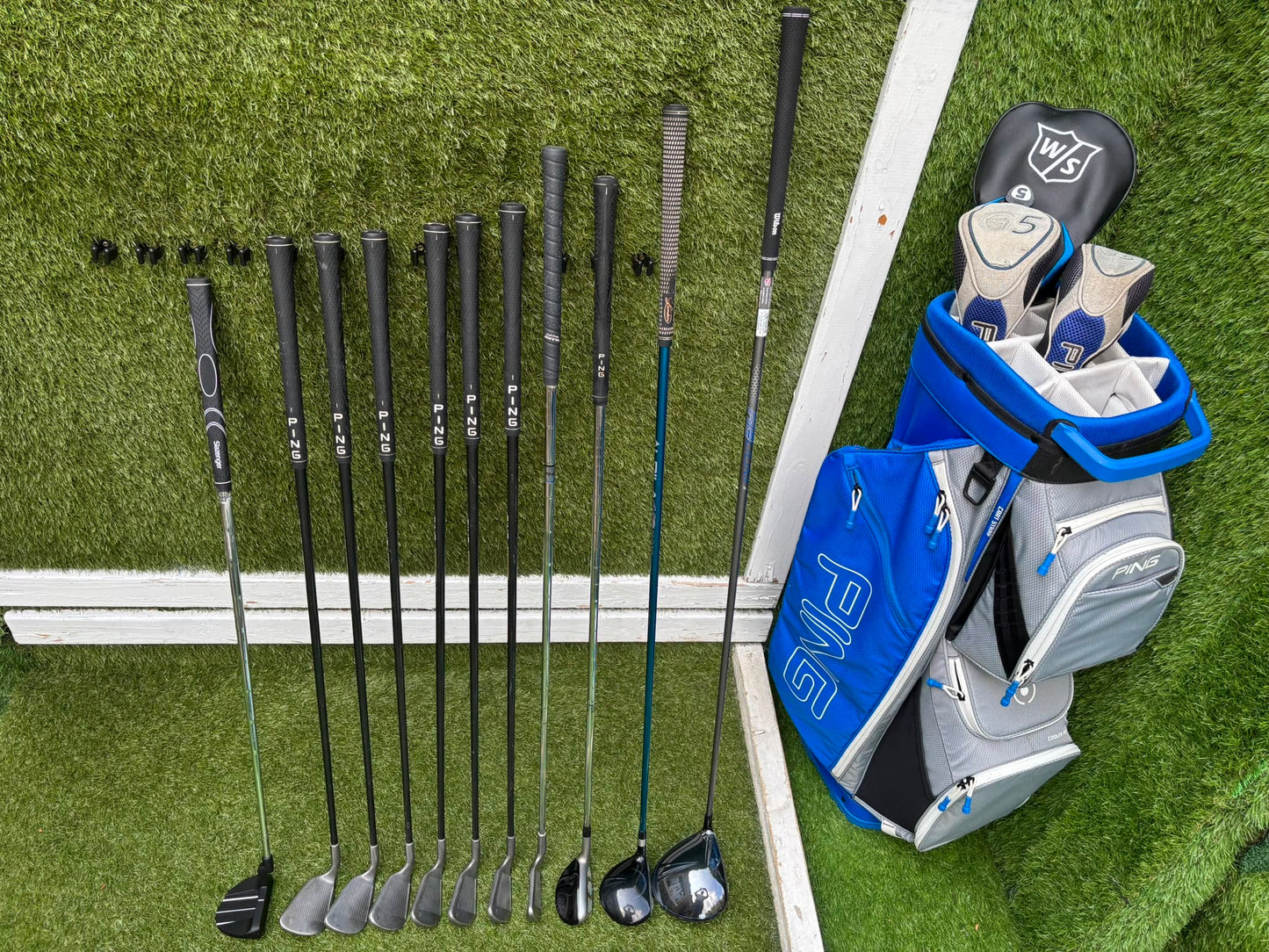 Ping Eye2+ Blue Dot Graphite Irons, Brand New Wilson D7 Driver, Ping G5 Woods & Ping Traverse Cart Bag