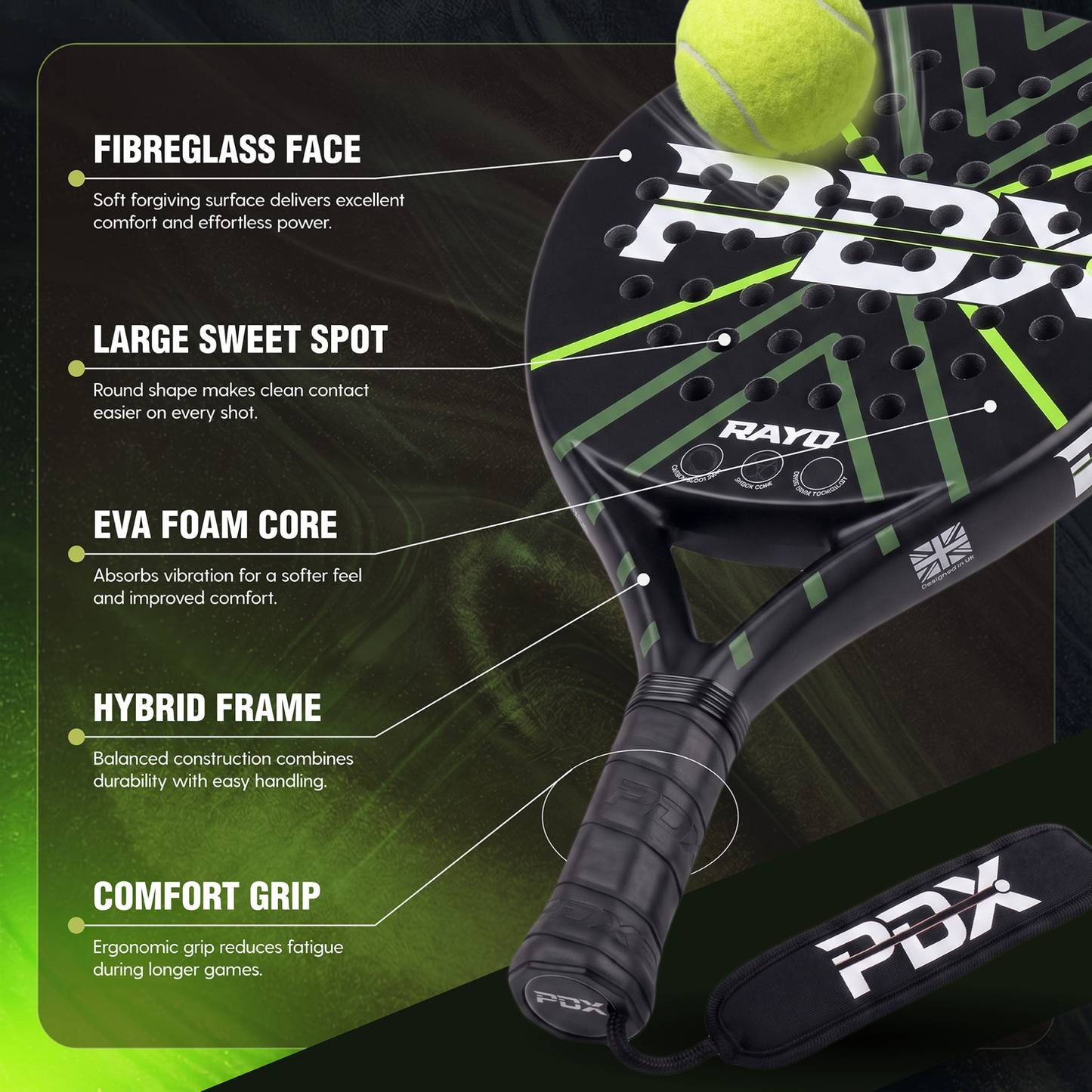 PDX Rayo Beginner Padel Racket | Complimentary Racket Carrier Bag | 30% Carbon 70% Fibreglass | 355g Round | Control