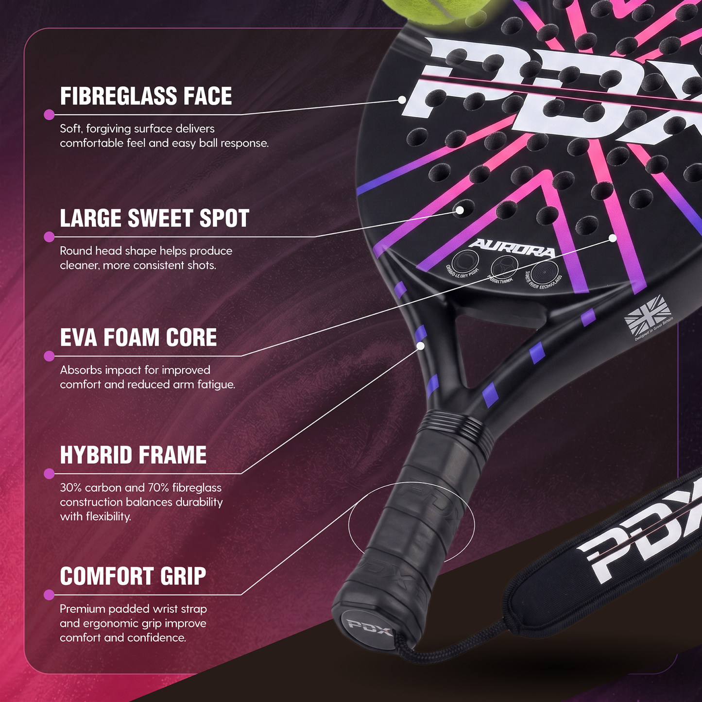 PDX Aurora Beginner Padel Racket Complimentary Racket Carrier Bag 30% Carbon 70% Fibreglass 355g Round | Control