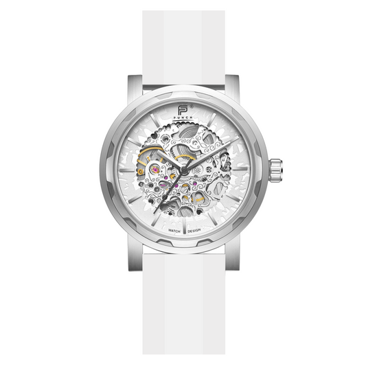 PUNCH Mens Watch, Silver & White Skeleton Automatic Watch - White Rubber Strap
